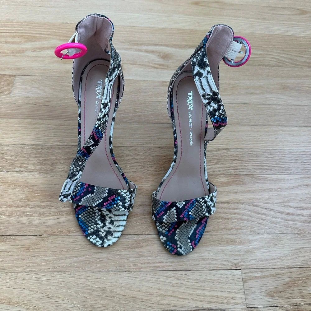 Tata Italia Snakeskin Heels with Pink and Blue Accents - Picture 1 of 8